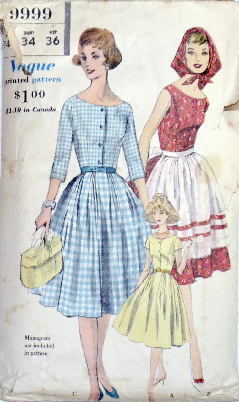 1950s Vogue 9999 Vintage Dress Apron and Kerchief Pattern 34B SOLD