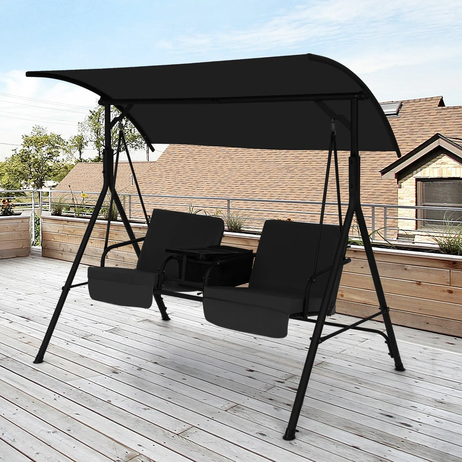 2 Person Outdoor Porch Swing with Canopy and 23L Cooler Bag-Black