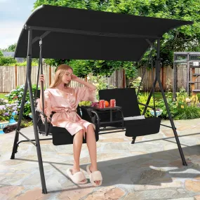 2 Person Outdoor Porch Swing with Canopy and 23L Cooler Bag-Black