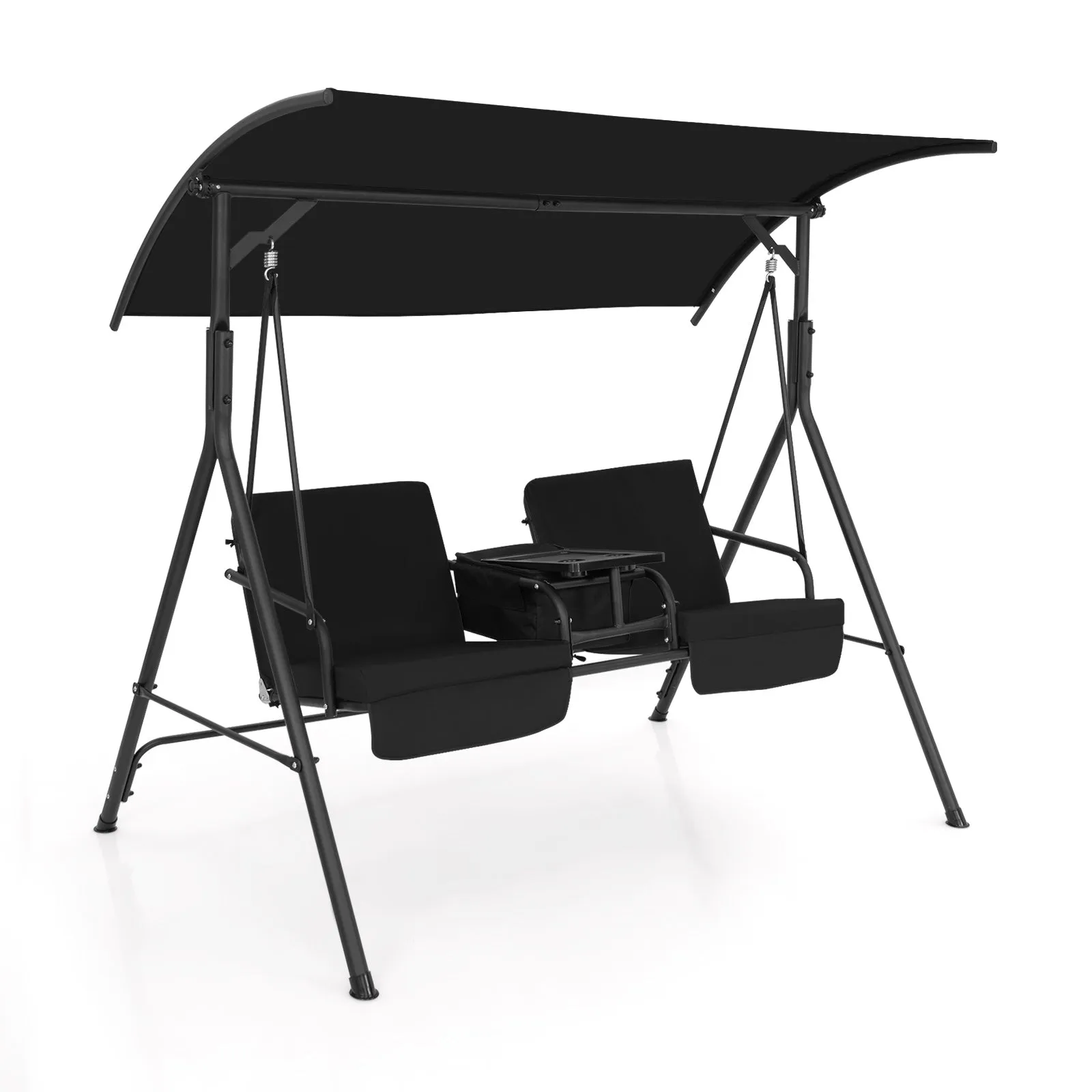 2 Person Outdoor Porch Swing with Canopy and 23L Cooler Bag-Black