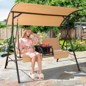 2 Person Outdoor Porch Swing with Canopy and 23L Cooler Bag-Brown