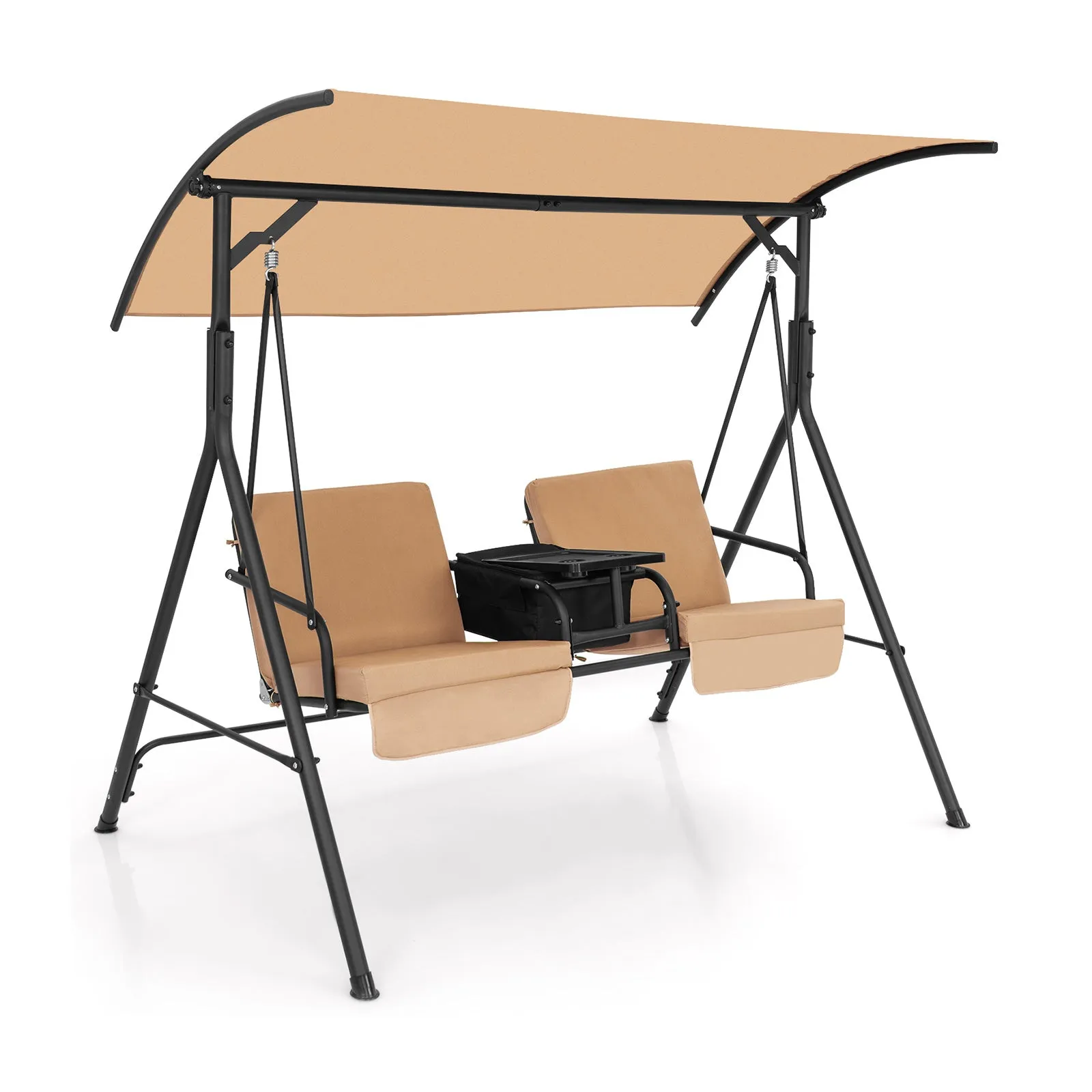 2 Person Outdoor Porch Swing with Canopy and 23L Cooler Bag-Brown