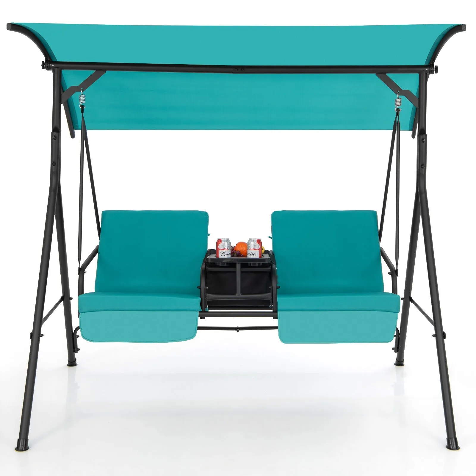 2 Person Outdoor Porch Swing with Canopy and 23L Cooler Bag-Turquoise