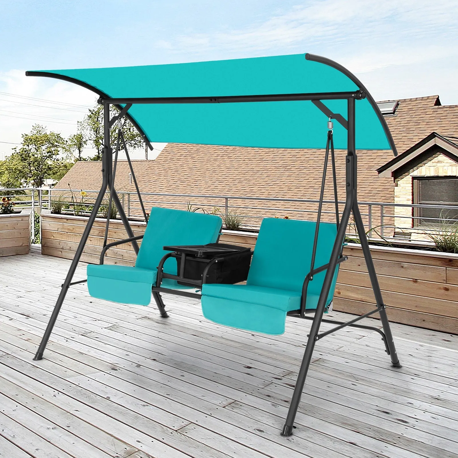 2 Person Outdoor Porch Swing with Canopy and 23L Cooler Bag-Turquoise