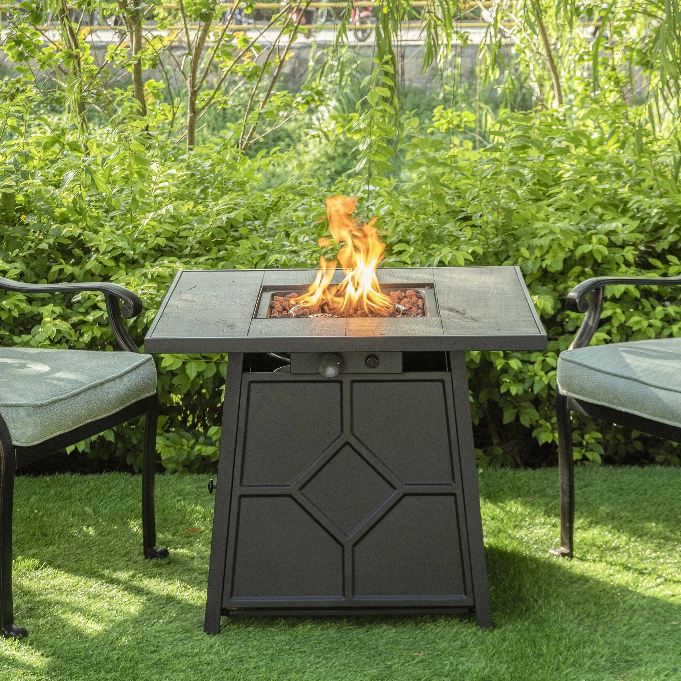 28 Inch Square Patio Black Metal Base 40000 BTU Firepit Table with Gray Tabletop (Rain Cover Included)