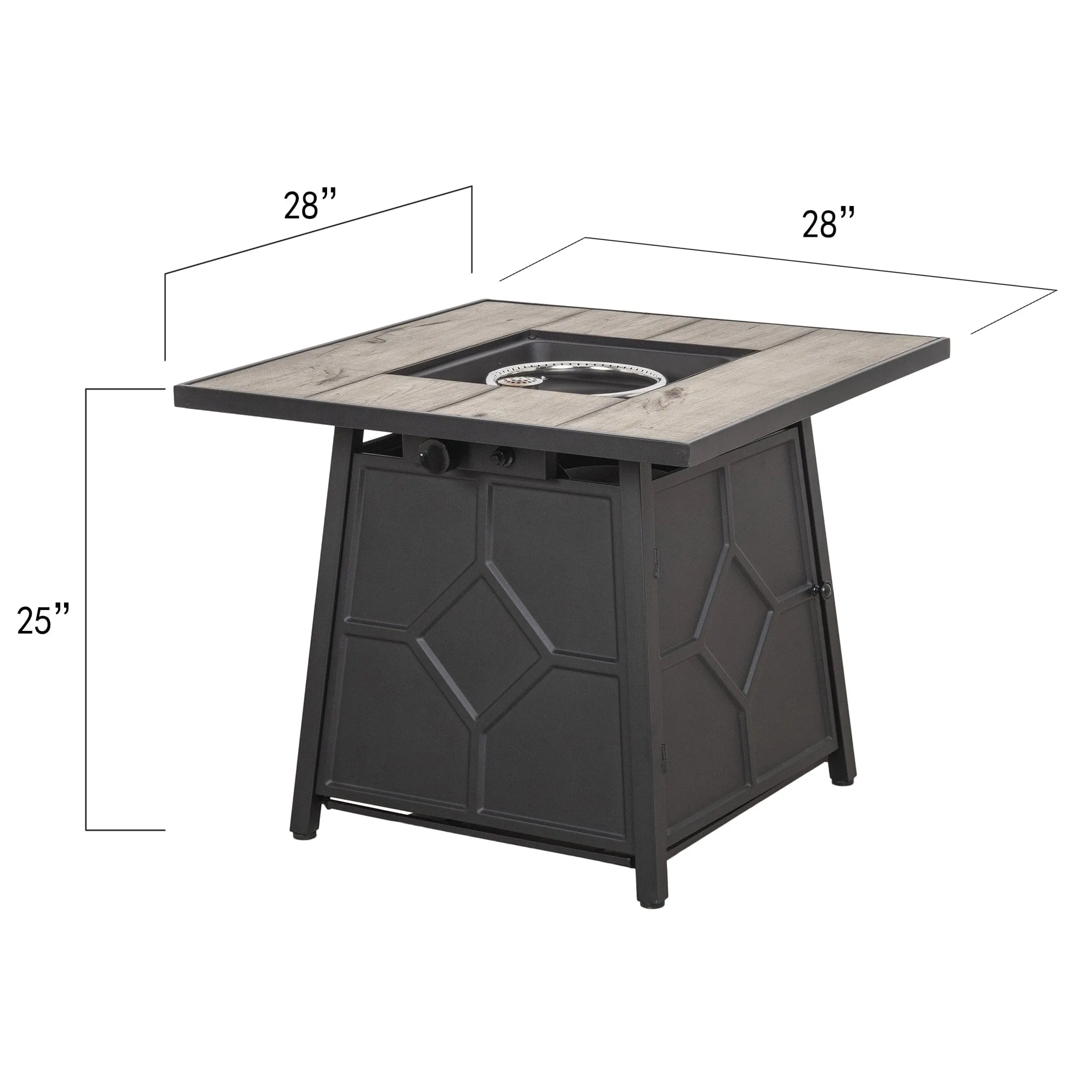 28 Inch Square Patio Black Metal Base 40000 BTU Firepit Table with Gray Tabletop (Rain Cover Included)