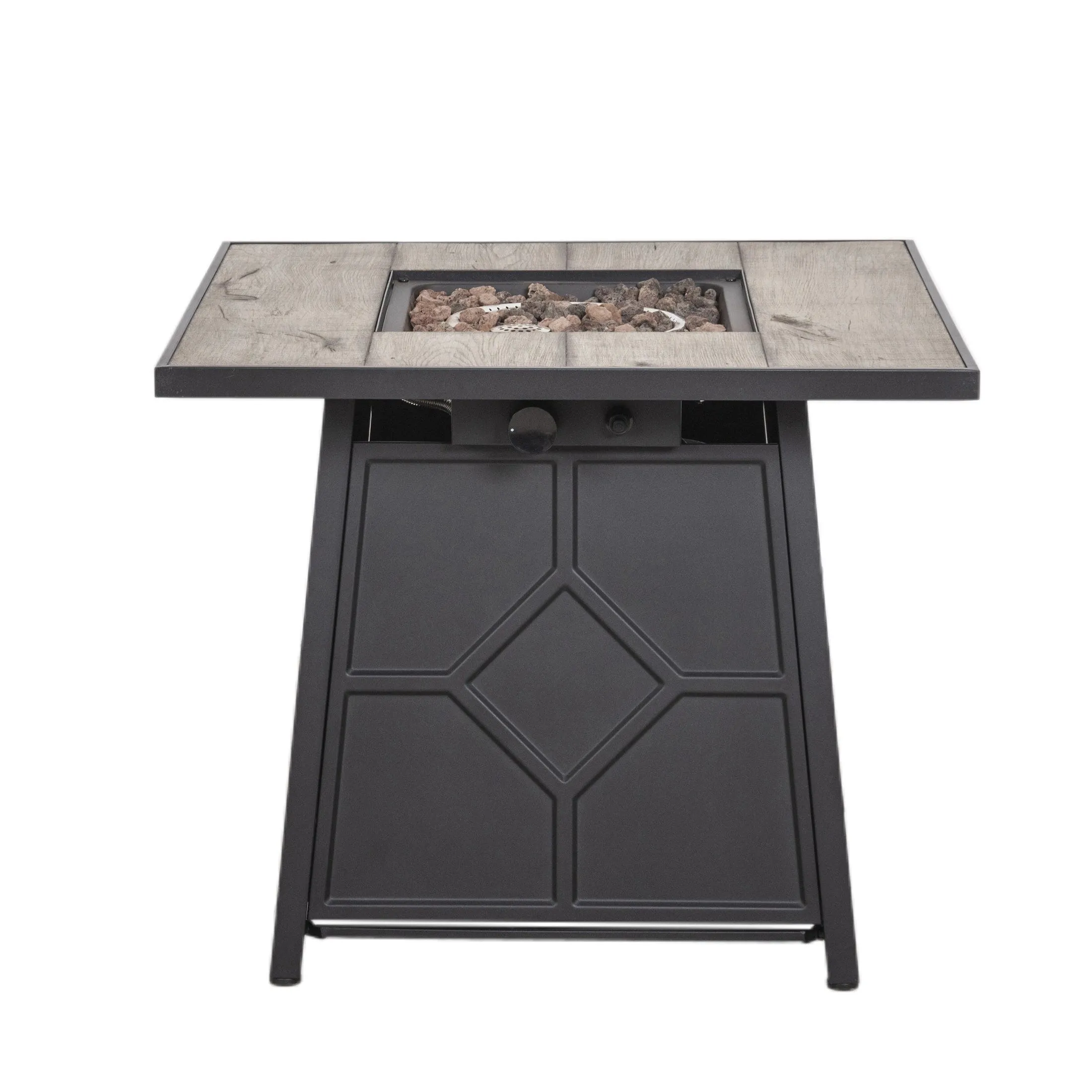 28 Inch Square Patio Black Metal Base 40000 BTU Firepit Table with Gray Tabletop (Rain Cover Included)