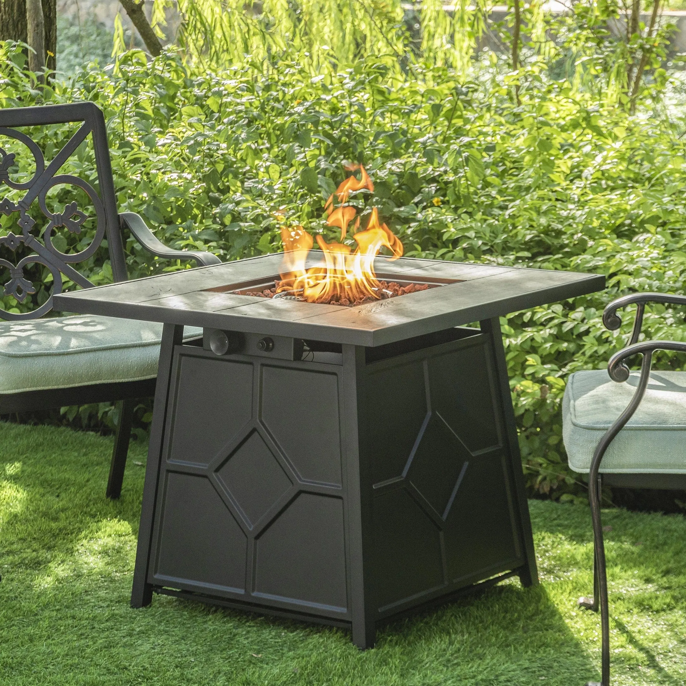 28 Inch Square Patio Black Metal Base 40000 BTU Firepit Table with Gray Tabletop (Rain Cover Included)