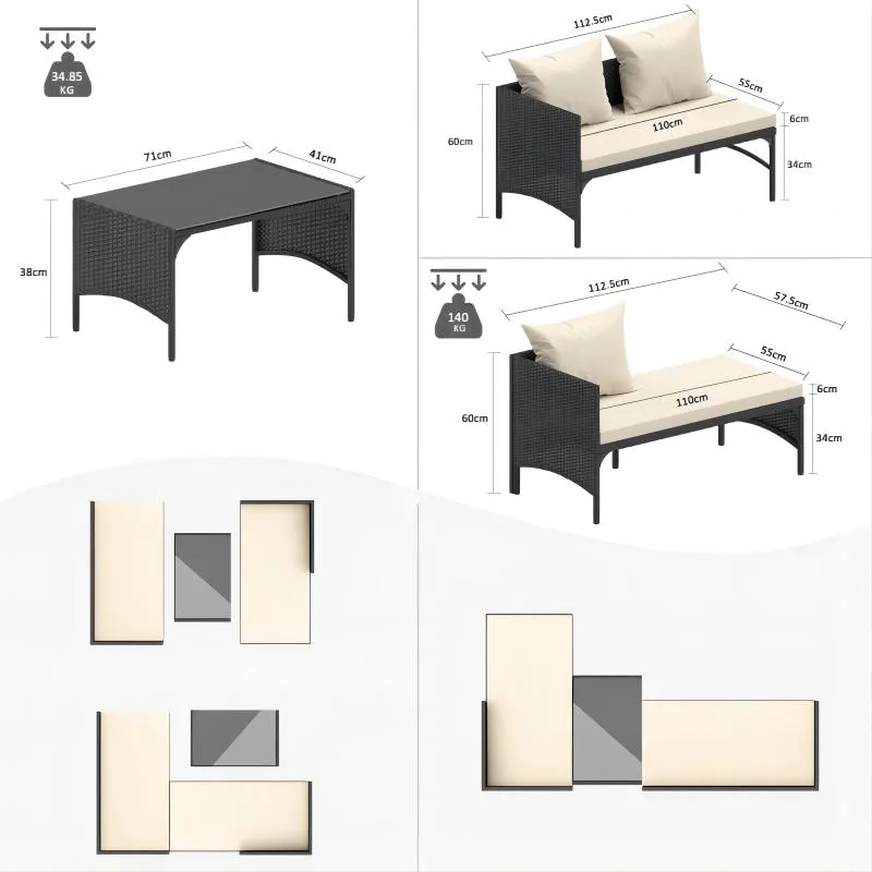 3 Pieces Outdoor PE Rattan Furniture Chaise Conversation Set with Loveseat Sofa