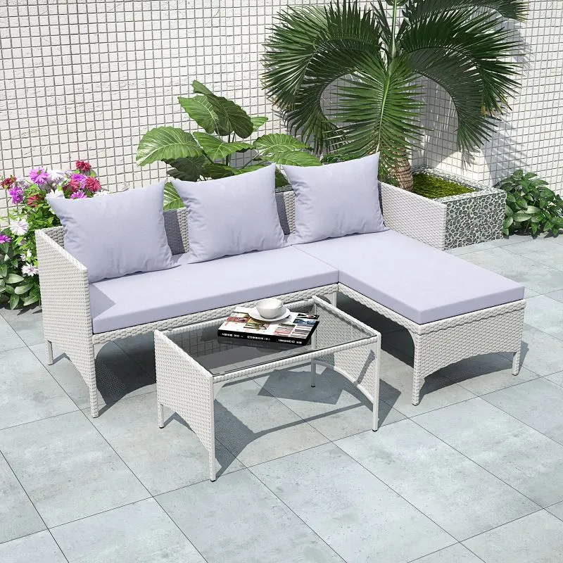 3 Pieces Outdoor PE Rattan Furniture Chaise Conversation Set with Loveseat Sofa