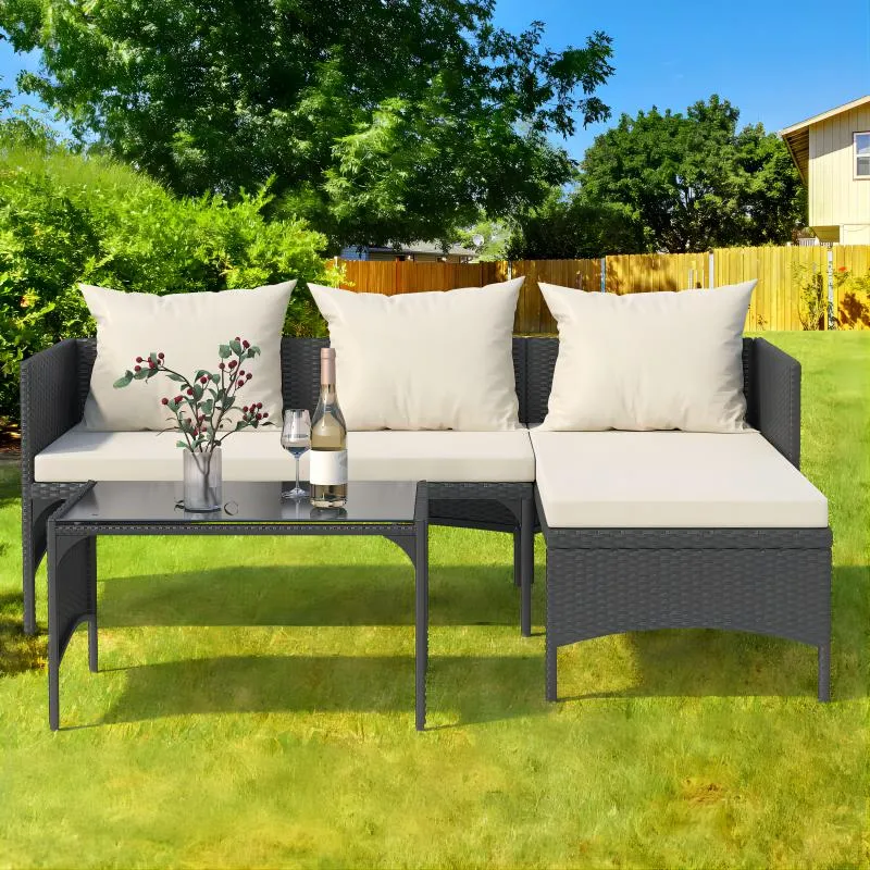 3 Pieces Outdoor PE Rattan Furniture Chaise Conversation Set with Loveseat Sofa