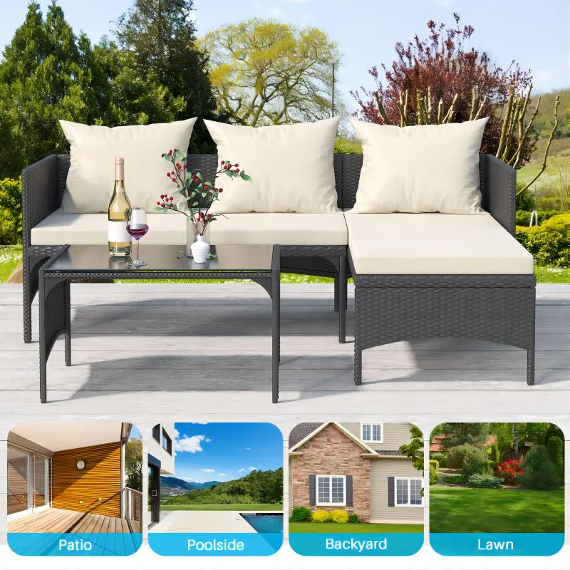 3 Pieces Outdoor PE Rattan Furniture Chaise Conversation Set with Loveseat Sofa