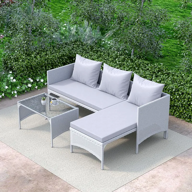 3 Pieces Outdoor PE Rattan Furniture Chaise Conversation Set with Loveseat Sofa