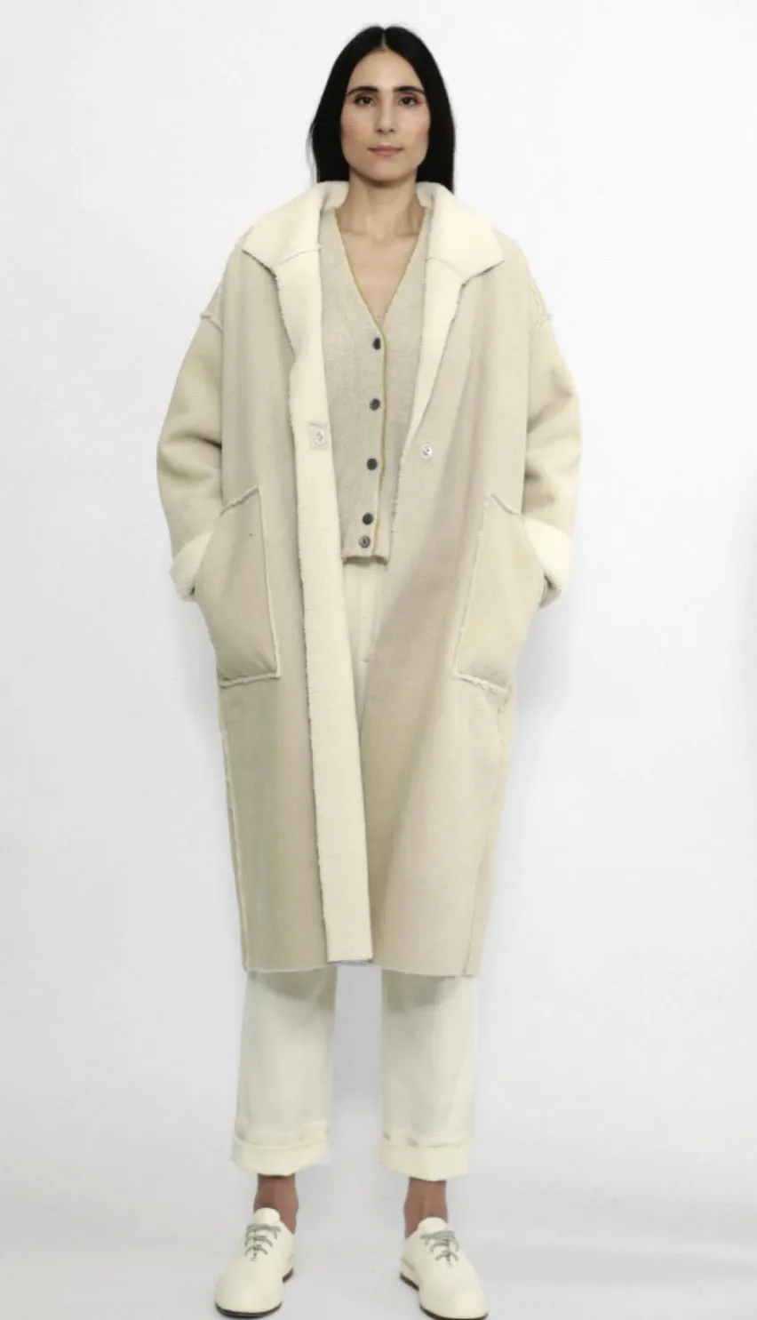 7115 by Szeki Off-White Faux Suede Long Coat