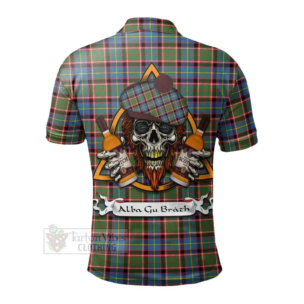 Aikenhead Tartan Polo Shirt with Family Crest and Bearded Skull Holding Bottles of Whiskey