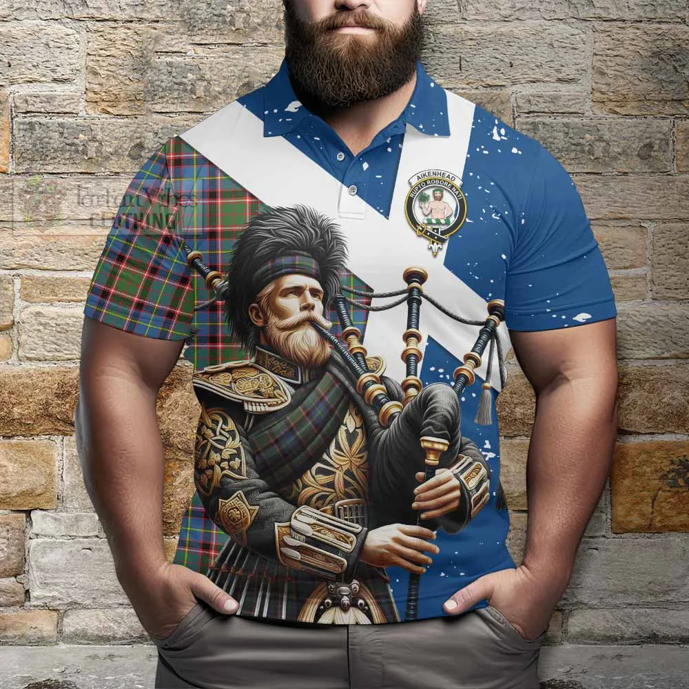 Aikenhead Tartan Polo Shirt with Family Crest Scottish Bagpiper Vibes