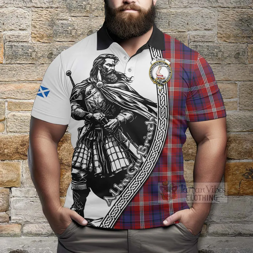 Ainslie Tartan Clan Crest Polo Shirt with Highlander Warrior Celtic Style