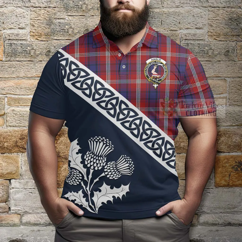 Ainslie Tartan Polo Shirt Featuring Thistle and Scotland Map