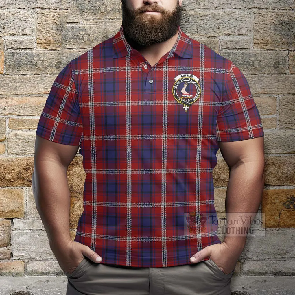 Ainslie Tartan Polo Shirt with Family Crest and Bearded Skull Holding Bottles of Whiskey