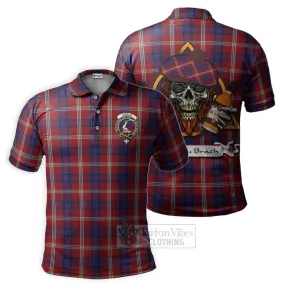 Ainslie Tartan Polo Shirt with Family Crest and Bearded Skull Holding Bottles of Whiskey