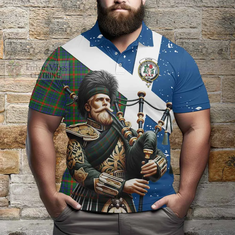 Aiton Tartan Polo Shirt with Family Crest Scottish Bagpiper Vibes