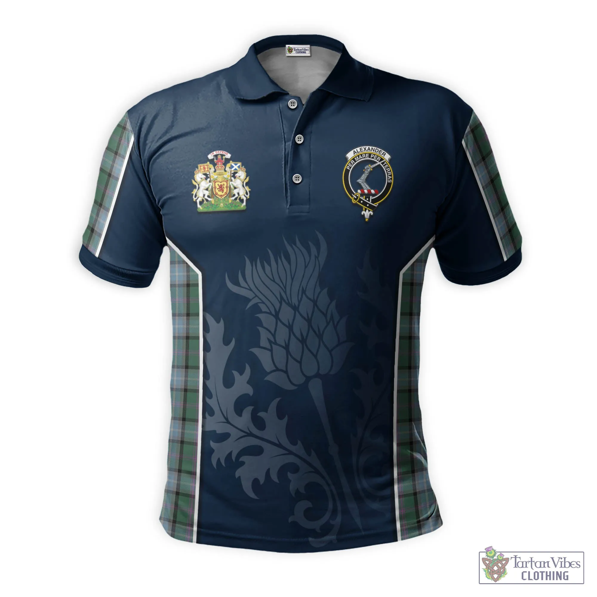 Alexander of Menstry Hunting Tartan Men's Polo Shirt with Family Crest and Scottish Thistle Vibes Sport Style