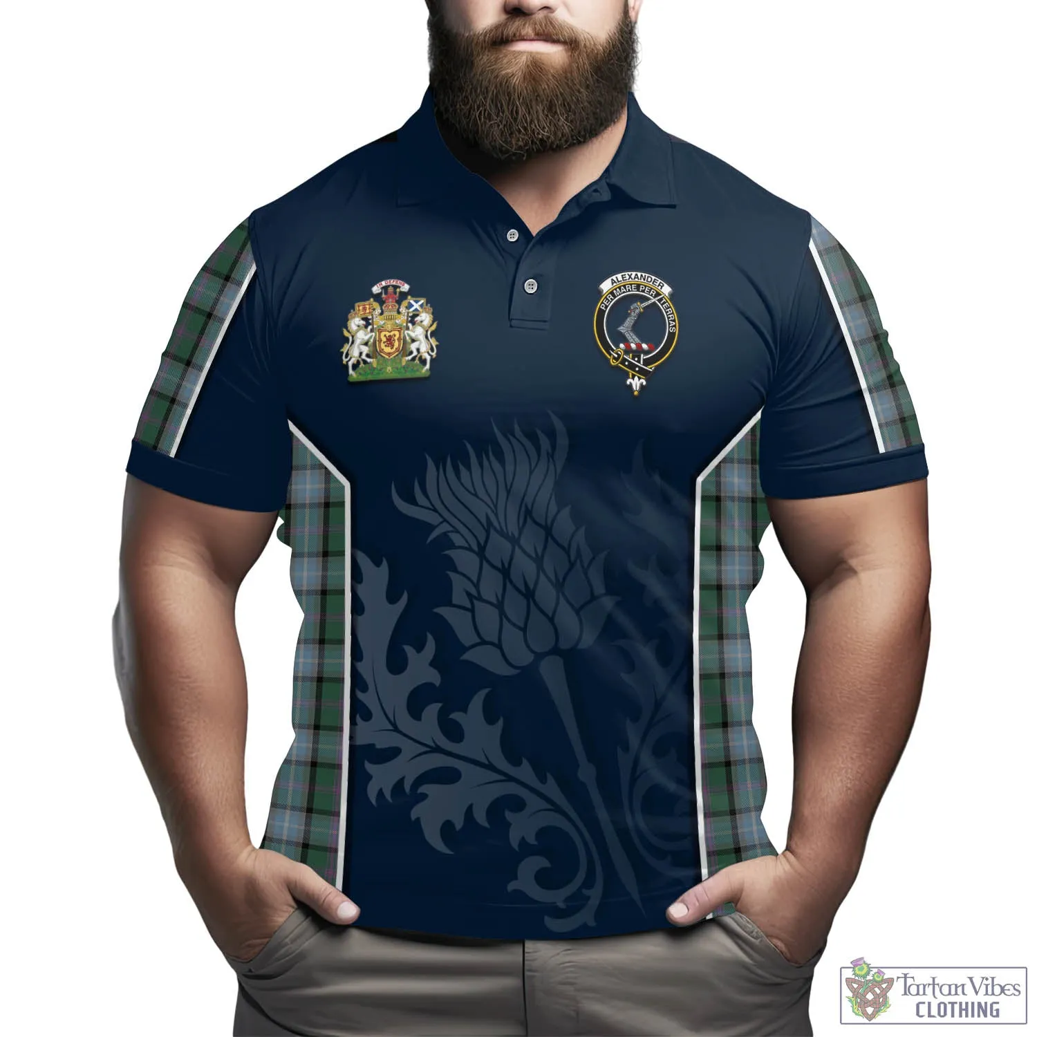 Alexander of Menstry Hunting Tartan Men's Polo Shirt with Family Crest and Scottish Thistle Vibes Sport Style