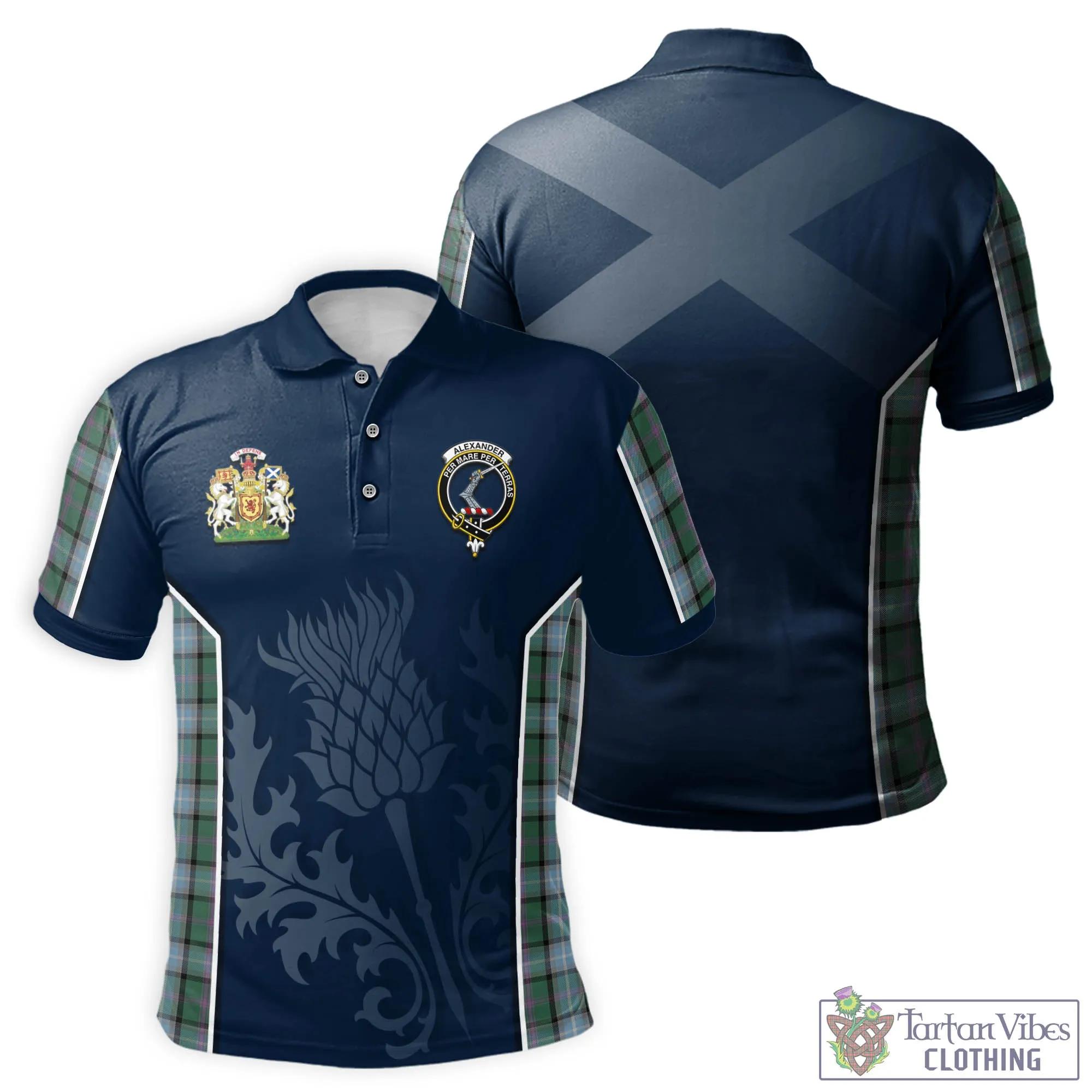 Alexander of Menstry Hunting Tartan Men's Polo Shirt with Family Crest and Scottish Thistle Vibes Sport Style