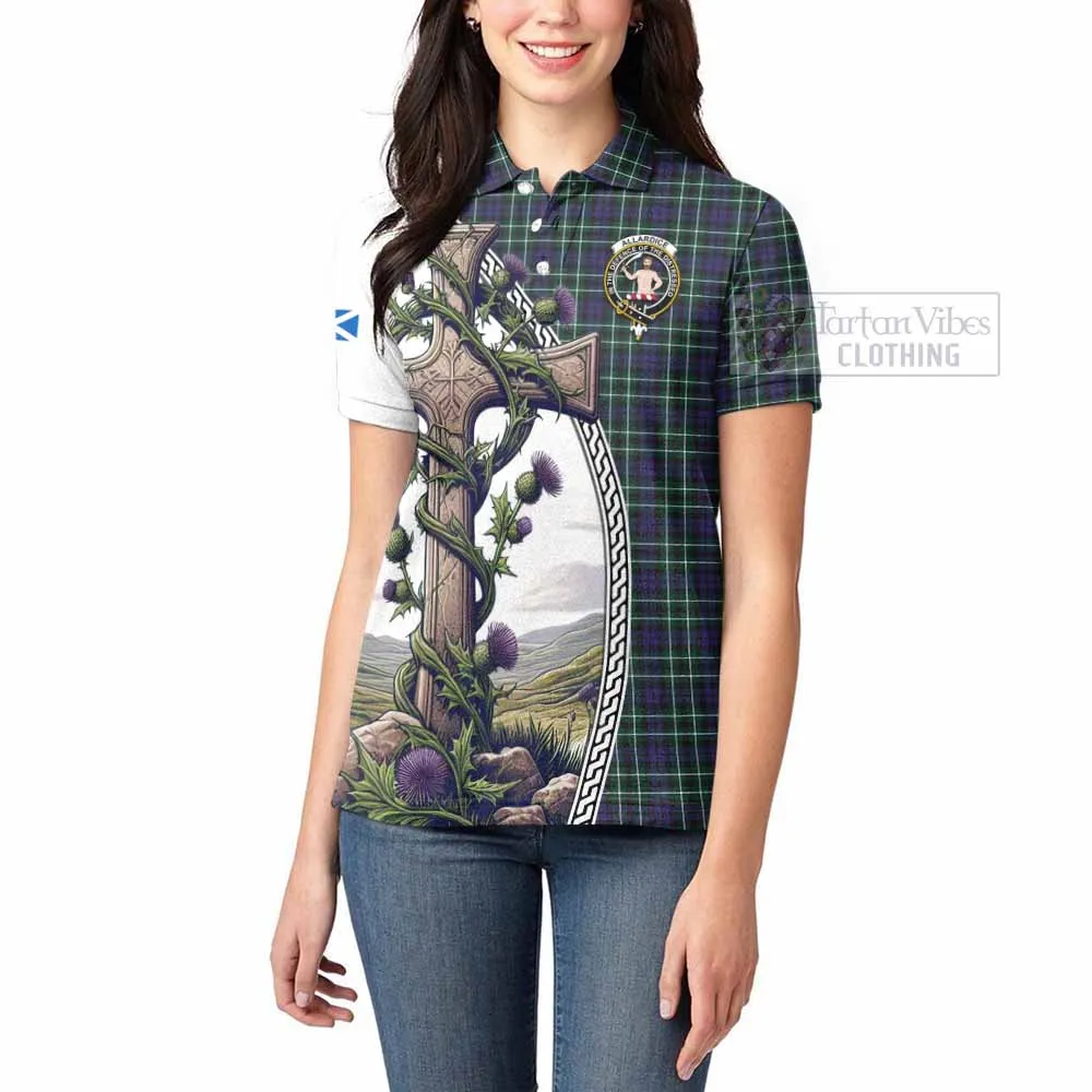 Allardice Tartan Women's Polo Shirt with Family Crest and St. Andrew's Cross Accented by Thistle Vines