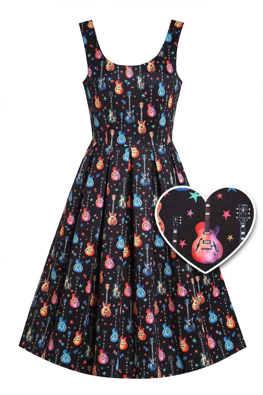 Amanda Black Pleated Dress in Guitar & Stars Print