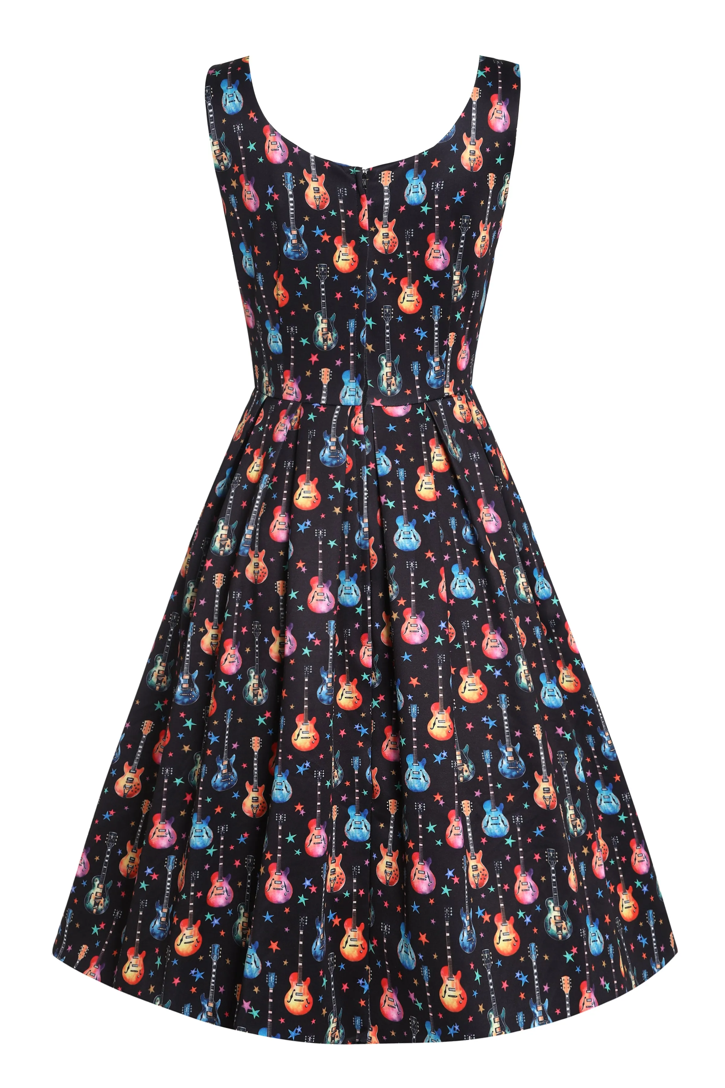 Amanda Black Pleated Dress in Guitar & Stars Print