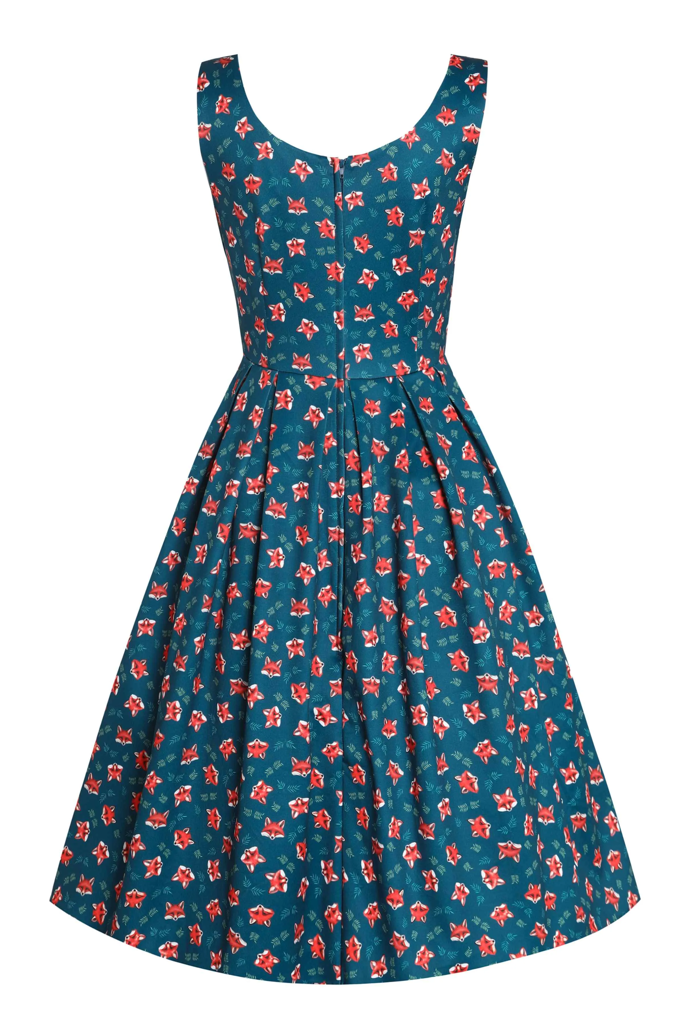 Amanda Pleated Retro Dress in Dark Blue Fox Print