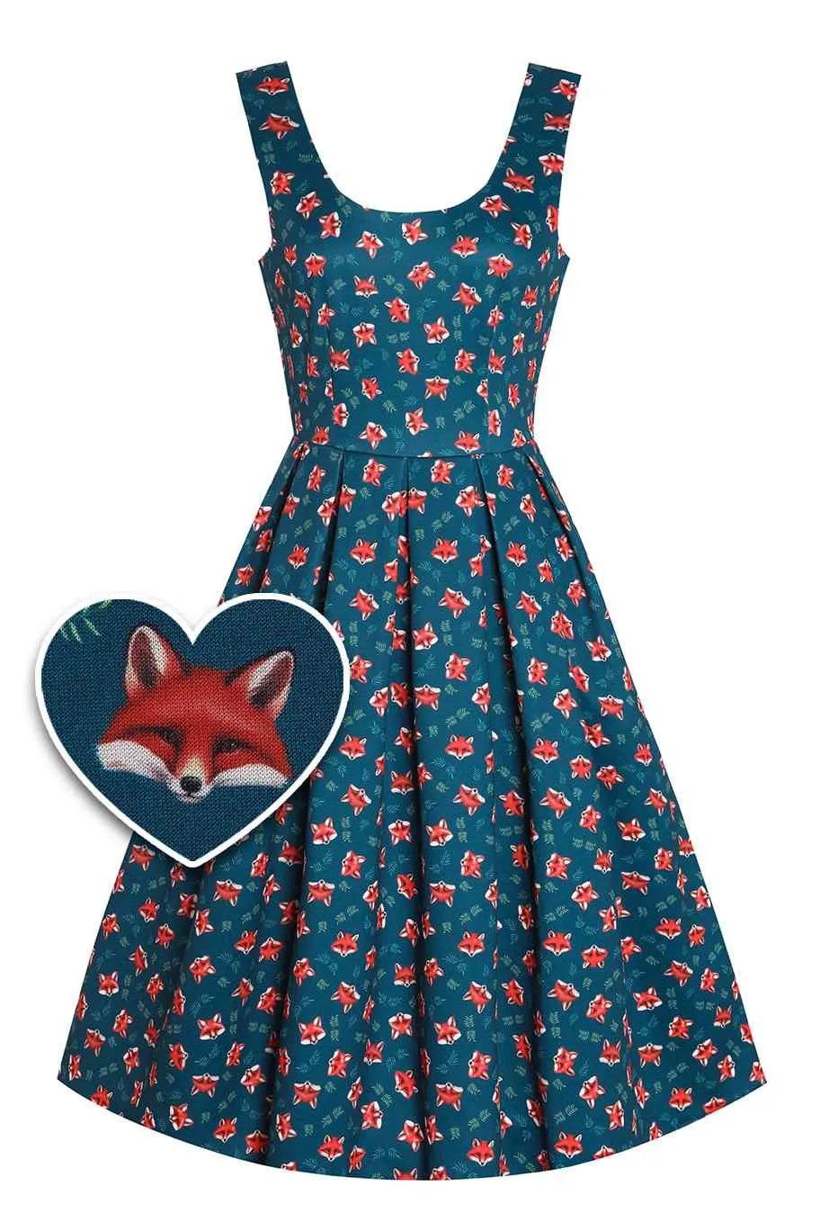 Amanda Pleated Retro Dress in Dark Blue Fox Print