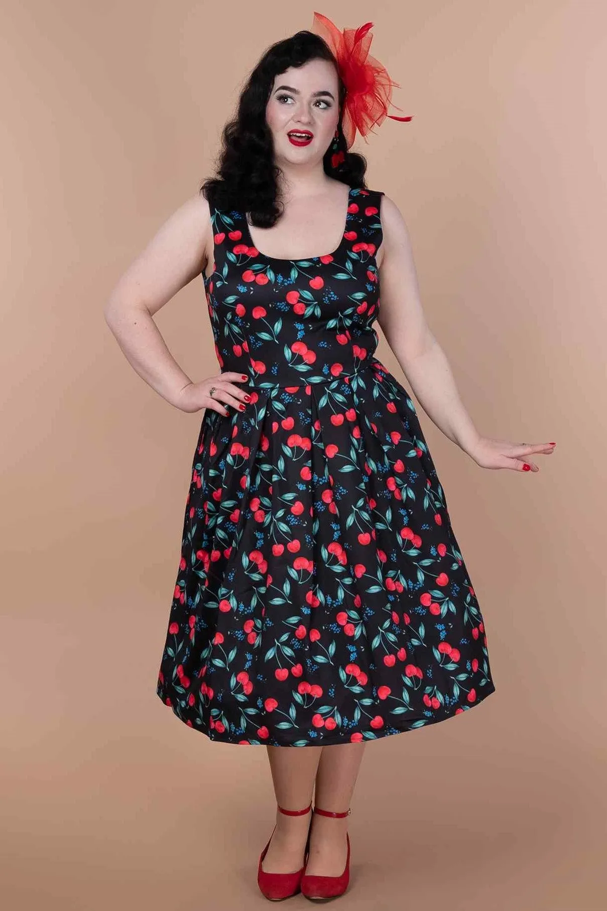 Amanda Red Cherry Pleated Circle Dress In Black