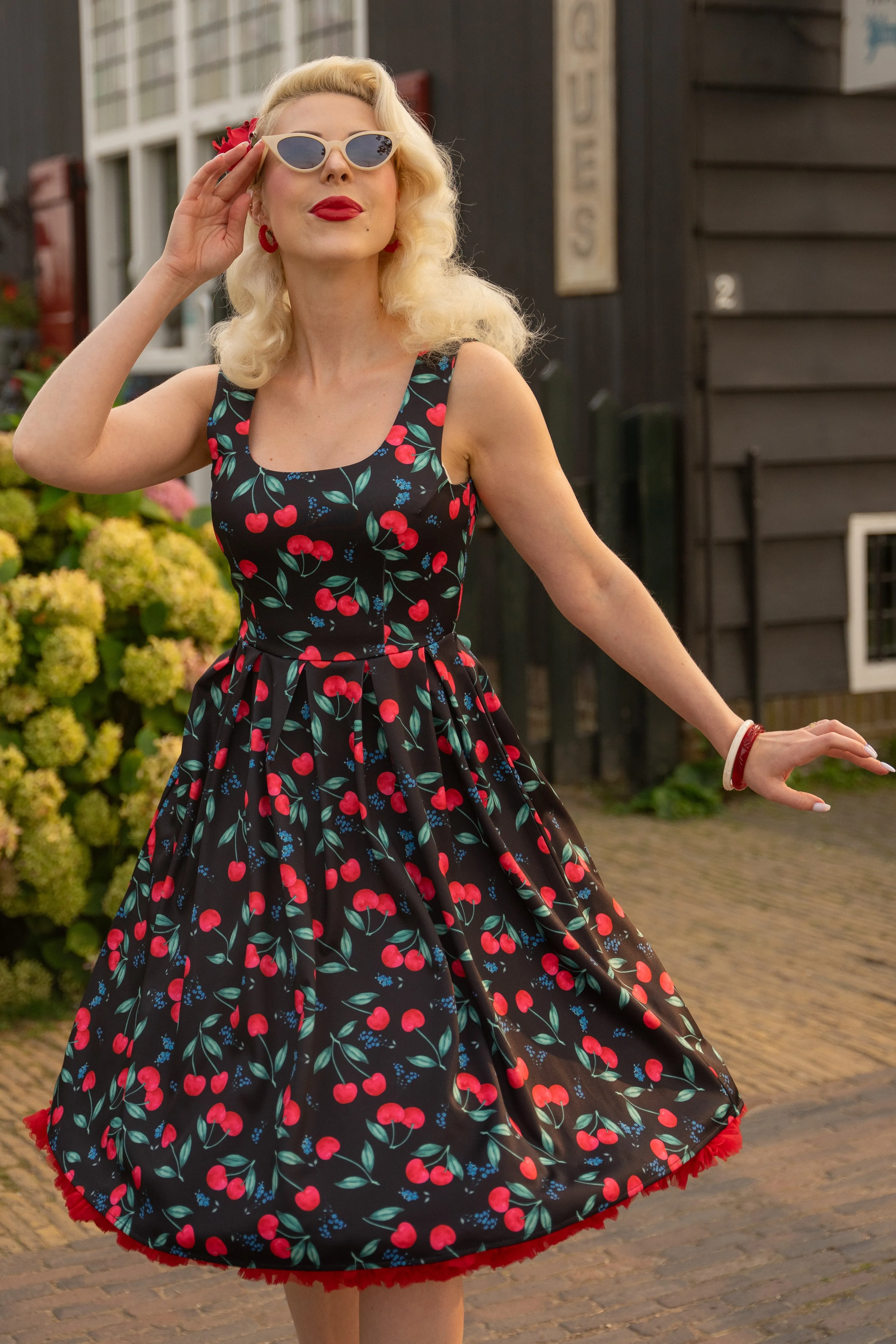 Amanda Red Cherry Pleated Circle Dress In Black