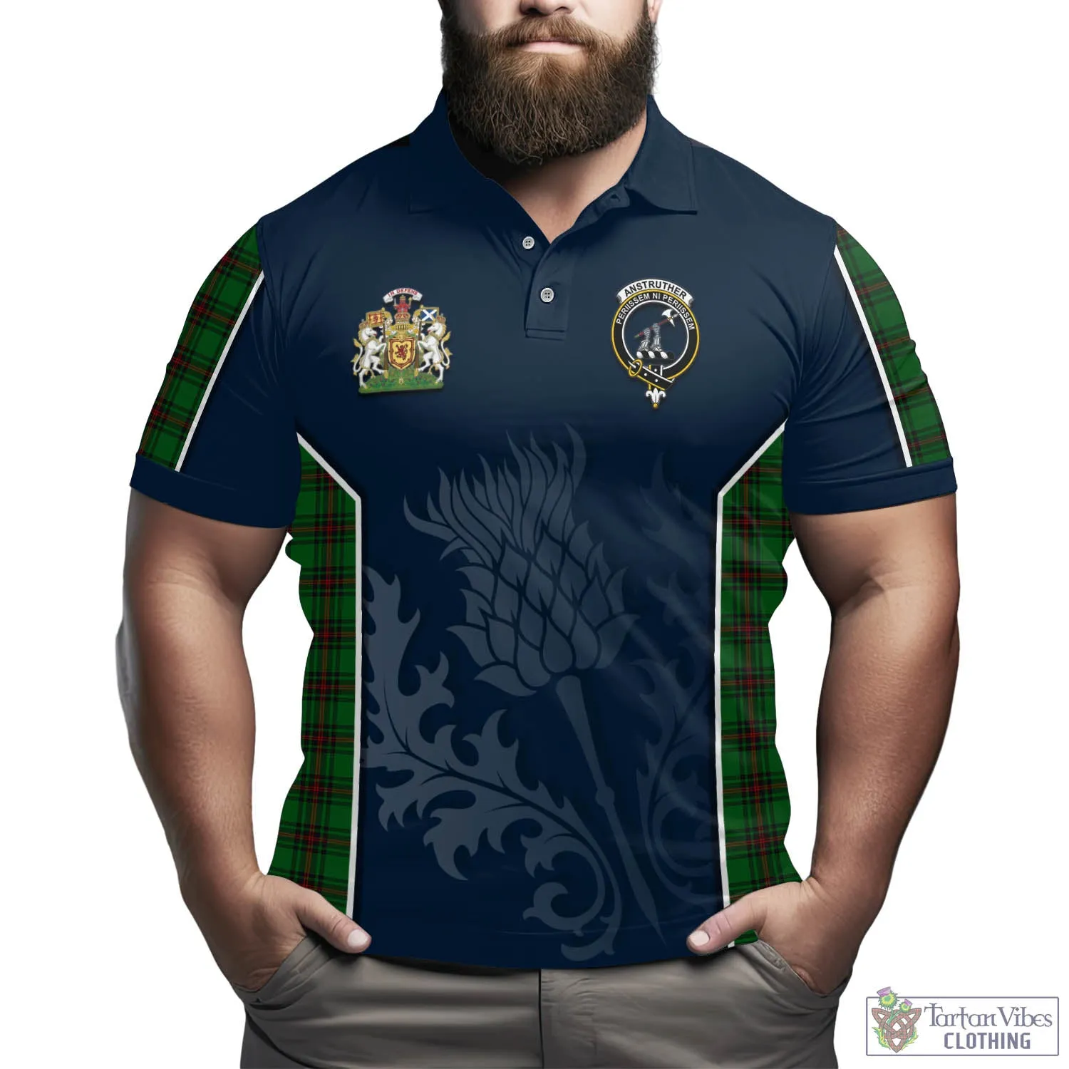 Anstruther Tartan Men's Polo Shirt with Family Crest and Scottish Thistle Vibes Sport Style