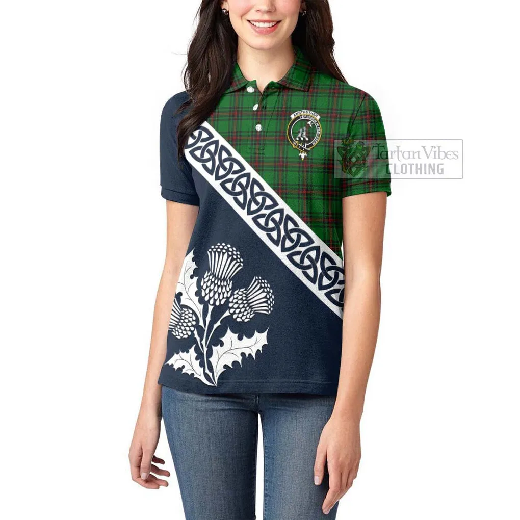 Anstruther Tartan Women's Polo Shirt Featuring Thistle and Scotland Map