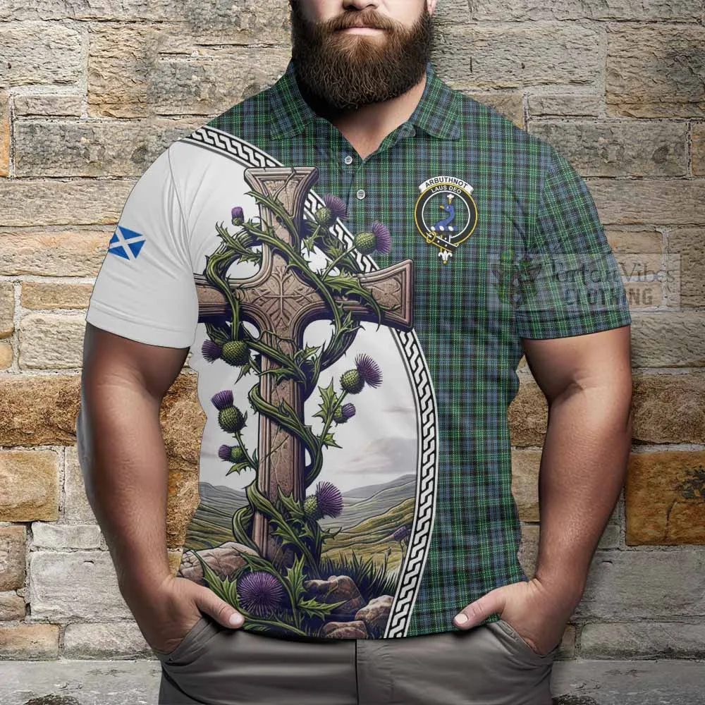 Arbuthnot Tartan Polo Shirt with Family Crest and St. Andrew's Cross Accented by Thistle Vines