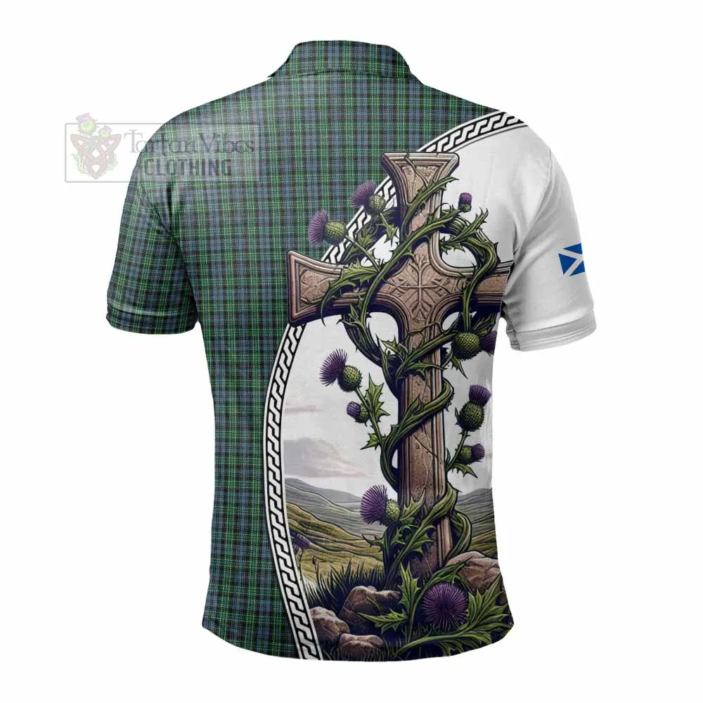 Arbuthnot Tartan Polo Shirt with Family Crest and St. Andrew's Cross Accented by Thistle Vines