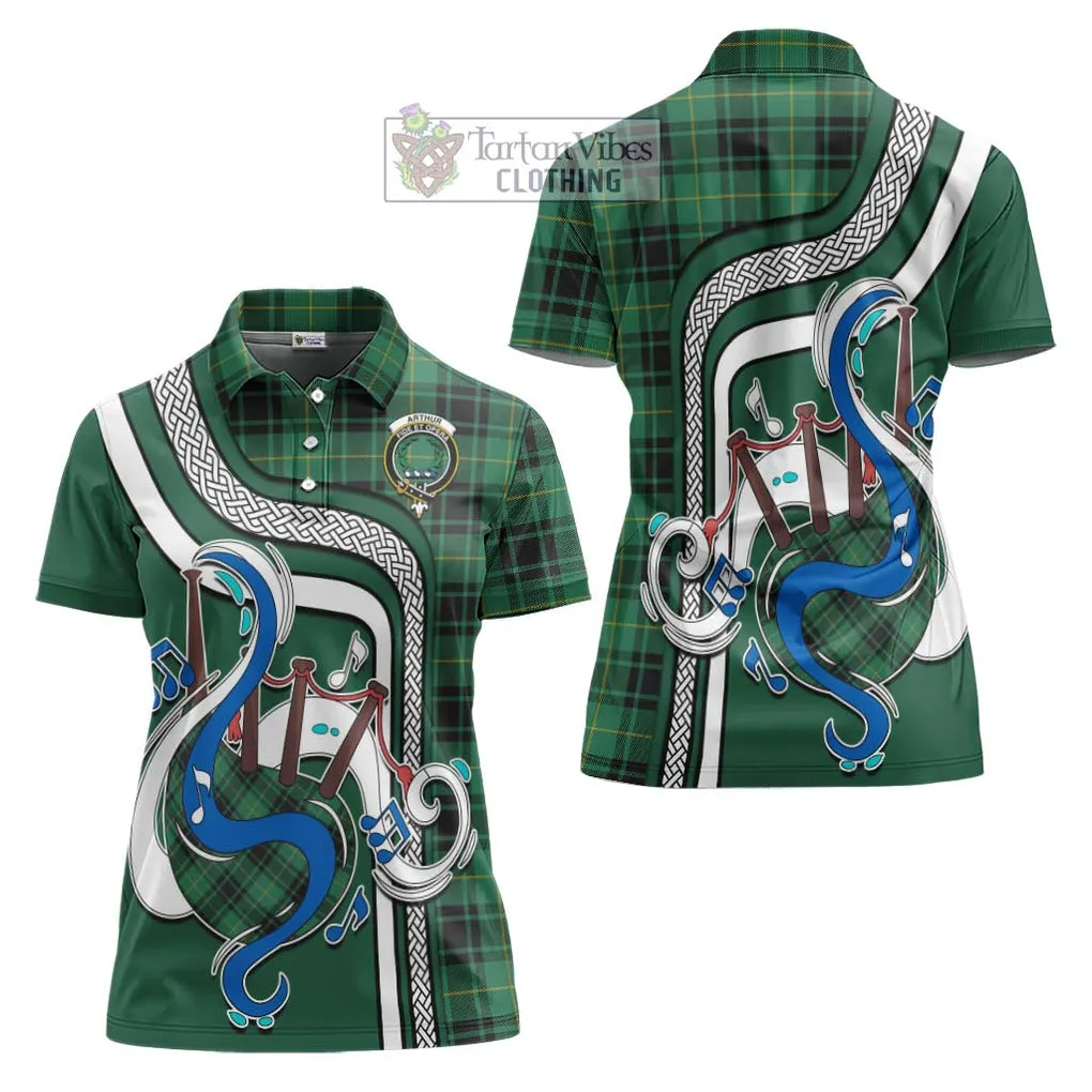 Arthur Ancient Tartan Women's Polo Shirt with Epic Bagpipe Style