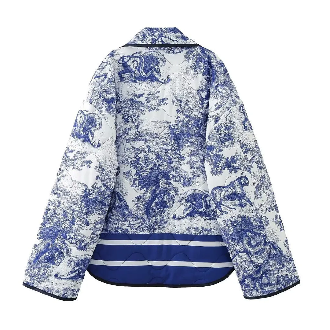 Aurélie | Vintage Ink Painting Print Quilted Oversized Jacket