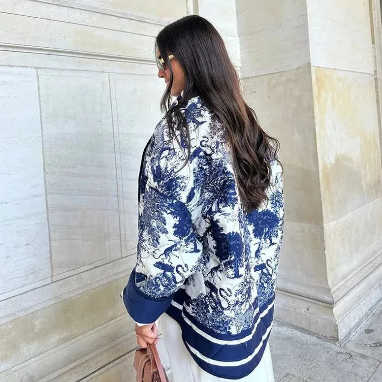 Aurélie | Vintage Ink Painting Print Quilted Oversized Jacket