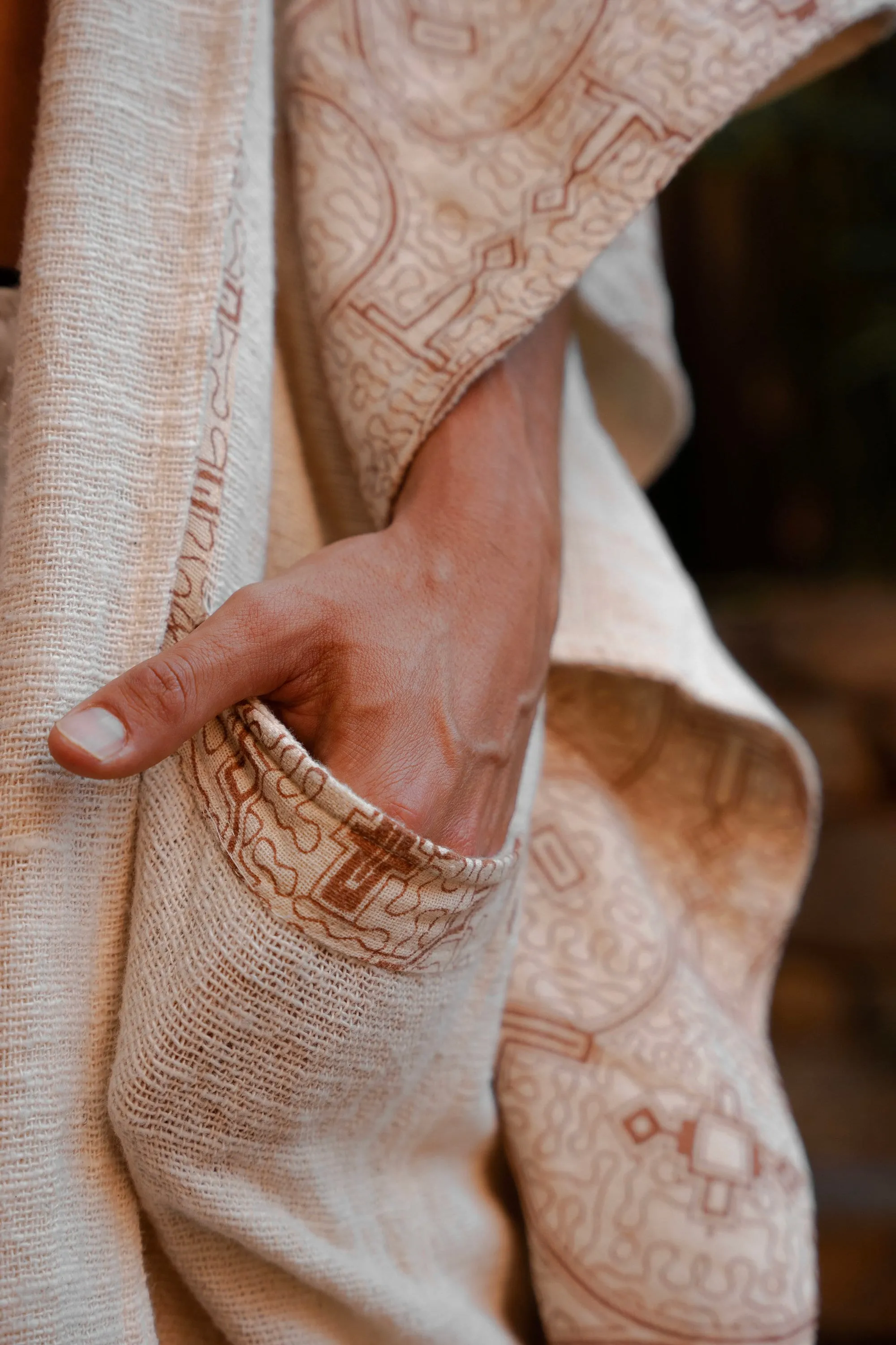 AYAWA Beige Cream Hooded Kimono Cape Poncho Robe Shipibo Sacred Patterns Ceremony Ritual Shaman Tribal Shawl Viking Festival Wrap AJJAYA