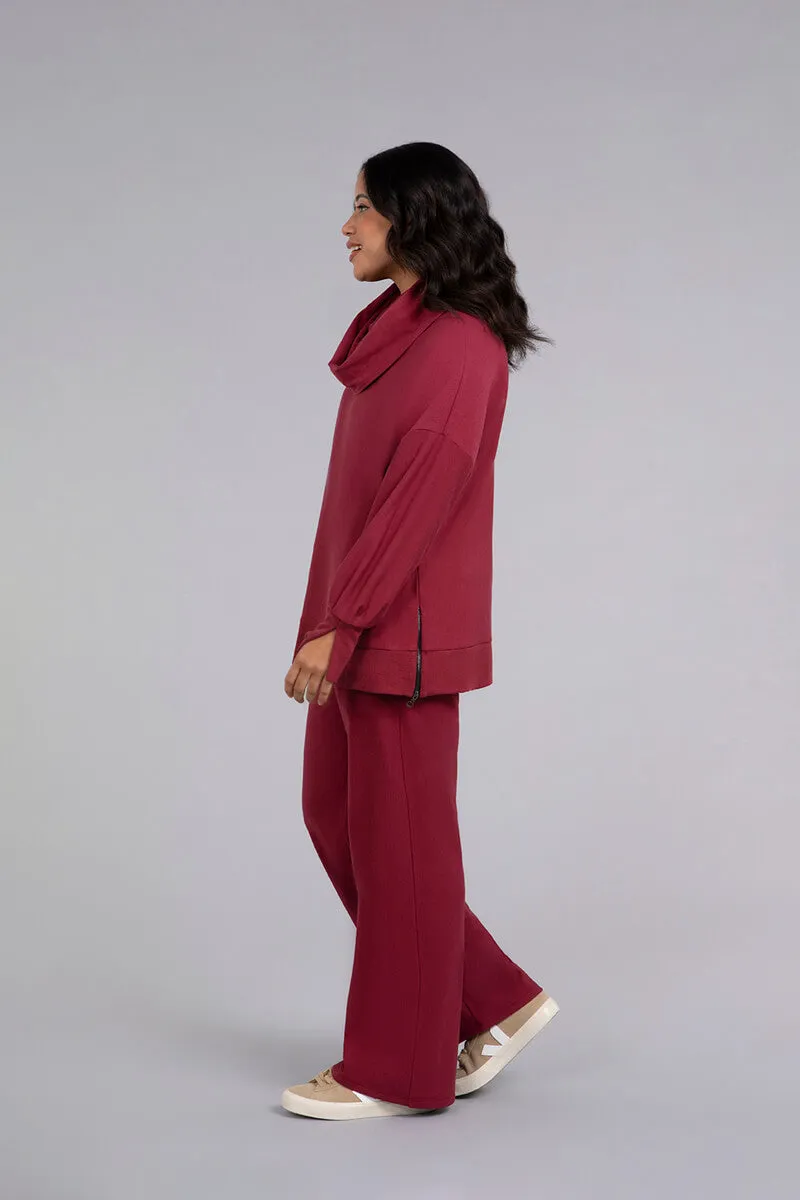 Bamboo Fleece Cowl Neck Pleat Sleeve Top | Cherry