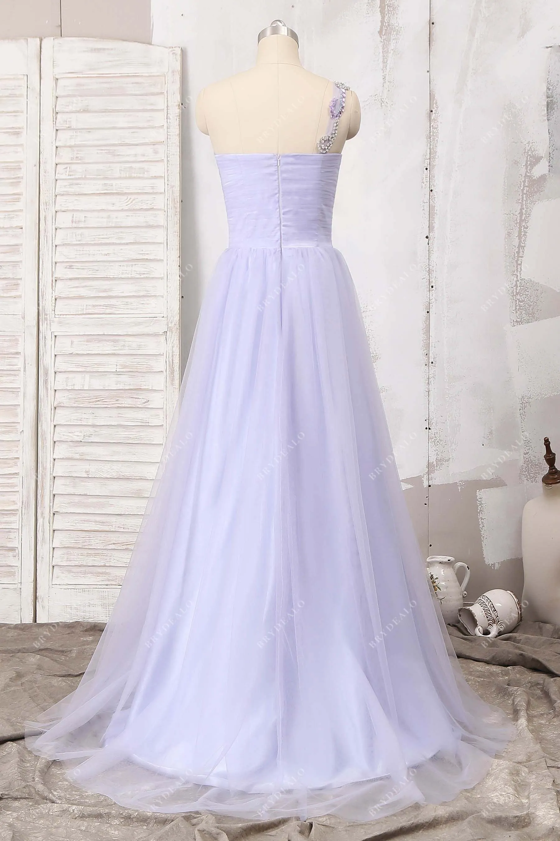 Beaded One Strap Shoulder Lavender Tulle Prom Dress