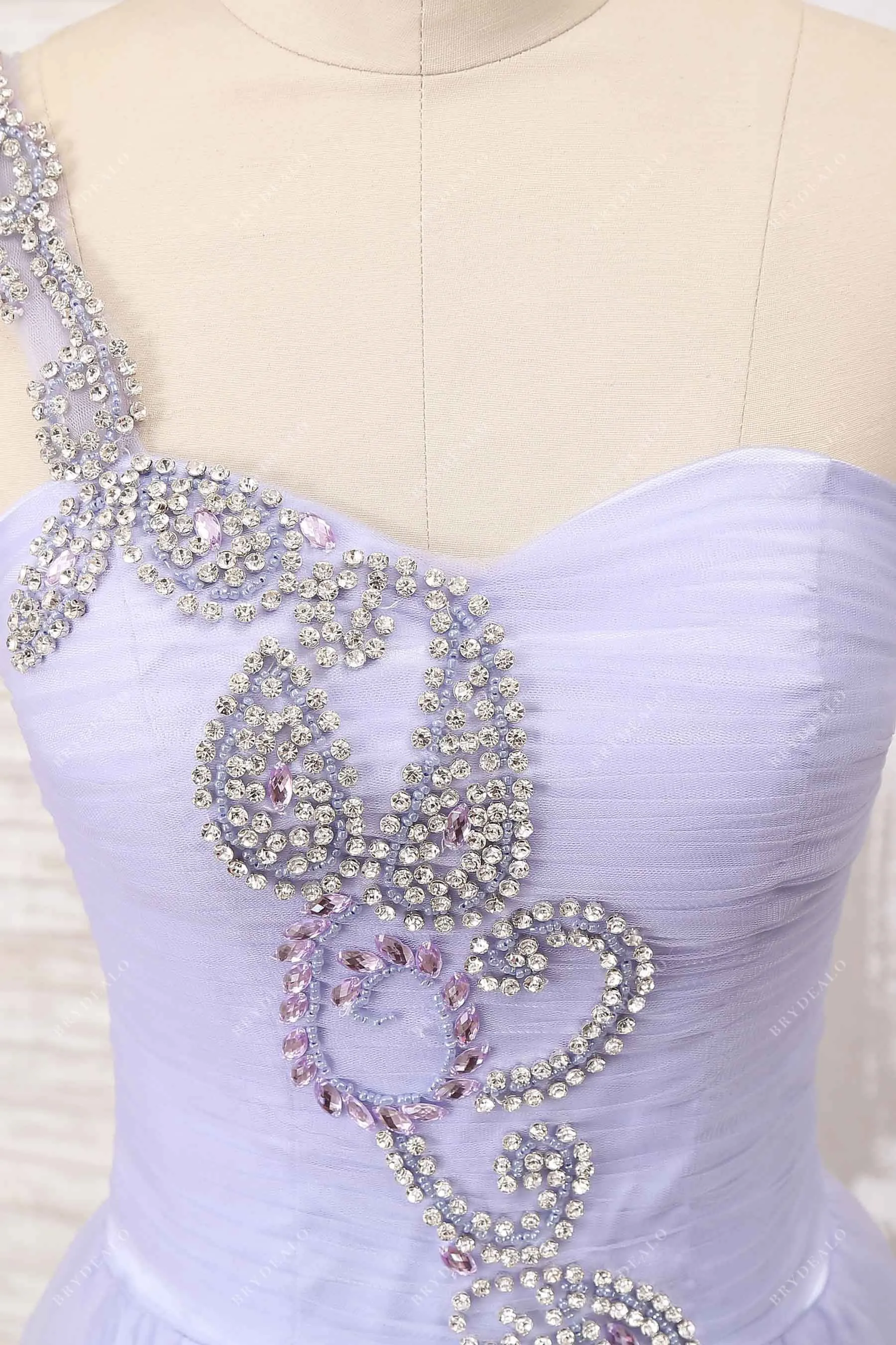 Beaded One Strap Shoulder Lavender Tulle Prom Dress