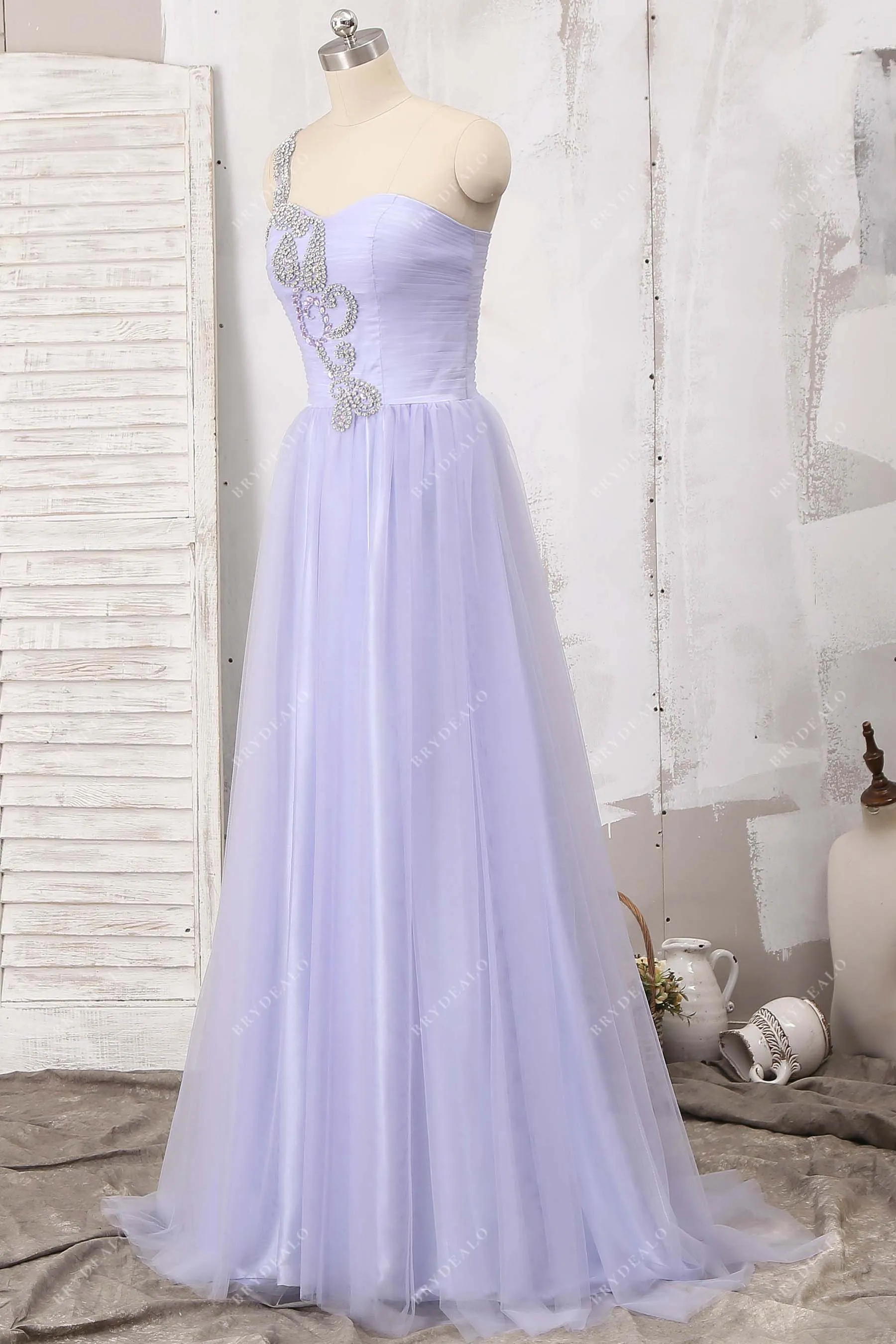 Beaded One Strap Shoulder Lavender Tulle Prom Dress