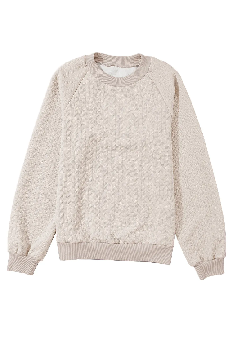 Beige Solid Color Textured Raglan Sleeve Pullover Sweatshirt