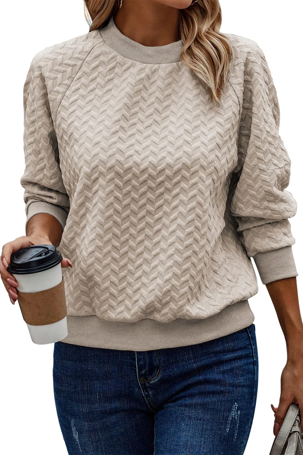 Beige Solid Color Textured Raglan Sleeve Pullover Sweatshirt