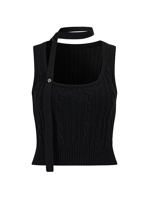 Black & Beige Ribbon Knit Tank Top